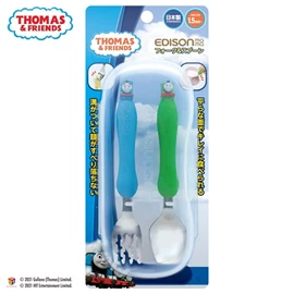 日本Edison 嬰幼兒不鏽鋼學習匙叉套裝(附收納盒)-Thomas