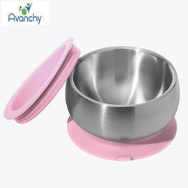 Avanchy 不銹鋼嬰兒吸盤碗連蓋-粉紅色