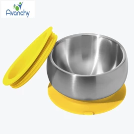 Avanchy 不銹鋼嬰兒吸盤碗連蓋-黃色