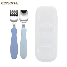 日本Edison 婴幼儿不锈钢学习匙叉套装(附收纳盒)-天蓝/浅蓝