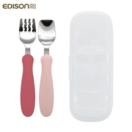 日本Edison 婴幼儿不锈钢学习匙叉套装(附收纳盒)-玫红/粉红
