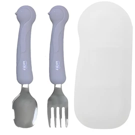 韩国tgm 婴幼儿矽胶不锈钢餐具连收纳盒-企鹅 灰蓝色