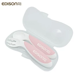 日本Edison 婴幼儿防滑易握学习匙叉套装(附收纳盒)-右手 粉红色