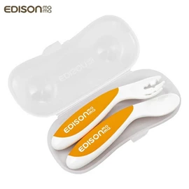 日本Edison 嬰幼兒防滑易握學習匙叉套裝(附收納盒)-左手 橙色