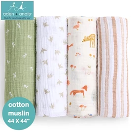 美国Aden+Anais 婴儿包巾(棉纱布)–44"X44" 4条装 Sage Woodland