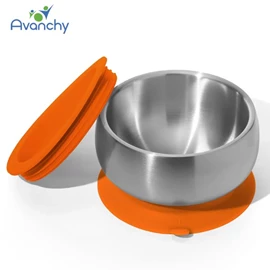 Avanchy 不銹鋼嬰兒吸盤碗連蓋-橙色