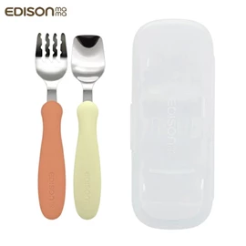 日本Edison 嬰幼兒不鏽鋼學習匙叉套裝(附收納盒)-橙色/淺黃
