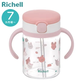 日本Richell Aqulea 第5代 吸管水杯/ 200ml 粉兔森林