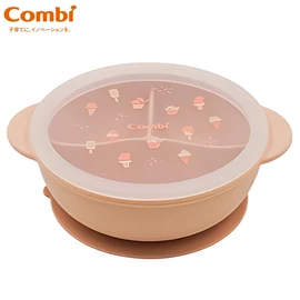 日本Combi 鉑金矽膠分隔吸盤餐碗/ 粉紅冰淇淋