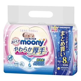 日本Moony 嬰兒超柔水分濕紙巾(加厚款)-60片 X 8包