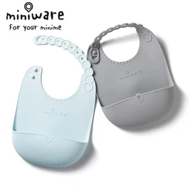 美國Miniware Just roll 袋著走！矽膠寬口袋圍兜(2條裝)-藍+灰色