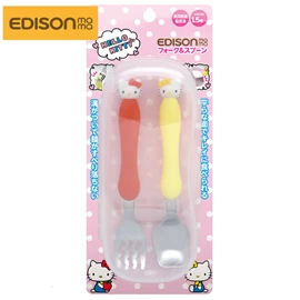日本Edison 嬰幼兒不鏽鋼學習匙叉套裝(附收納盒)-Hello Kitty