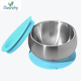 Avanchy 不锈钢婴儿吸盘碗连盖-蓝色