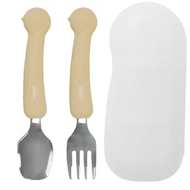 韓國tgm 嬰幼兒矽膠不銹鋼餐具連收納盒-企鵝 杏色